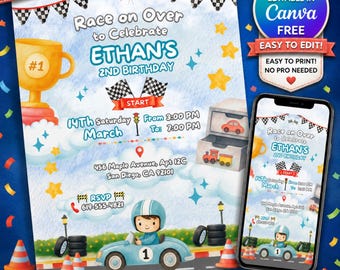 Race Car Boy Birthday Invitation, Two Fast 2nd Birthday Party Invite, Editable Racing Baby Digital Printable Template (Download Template)