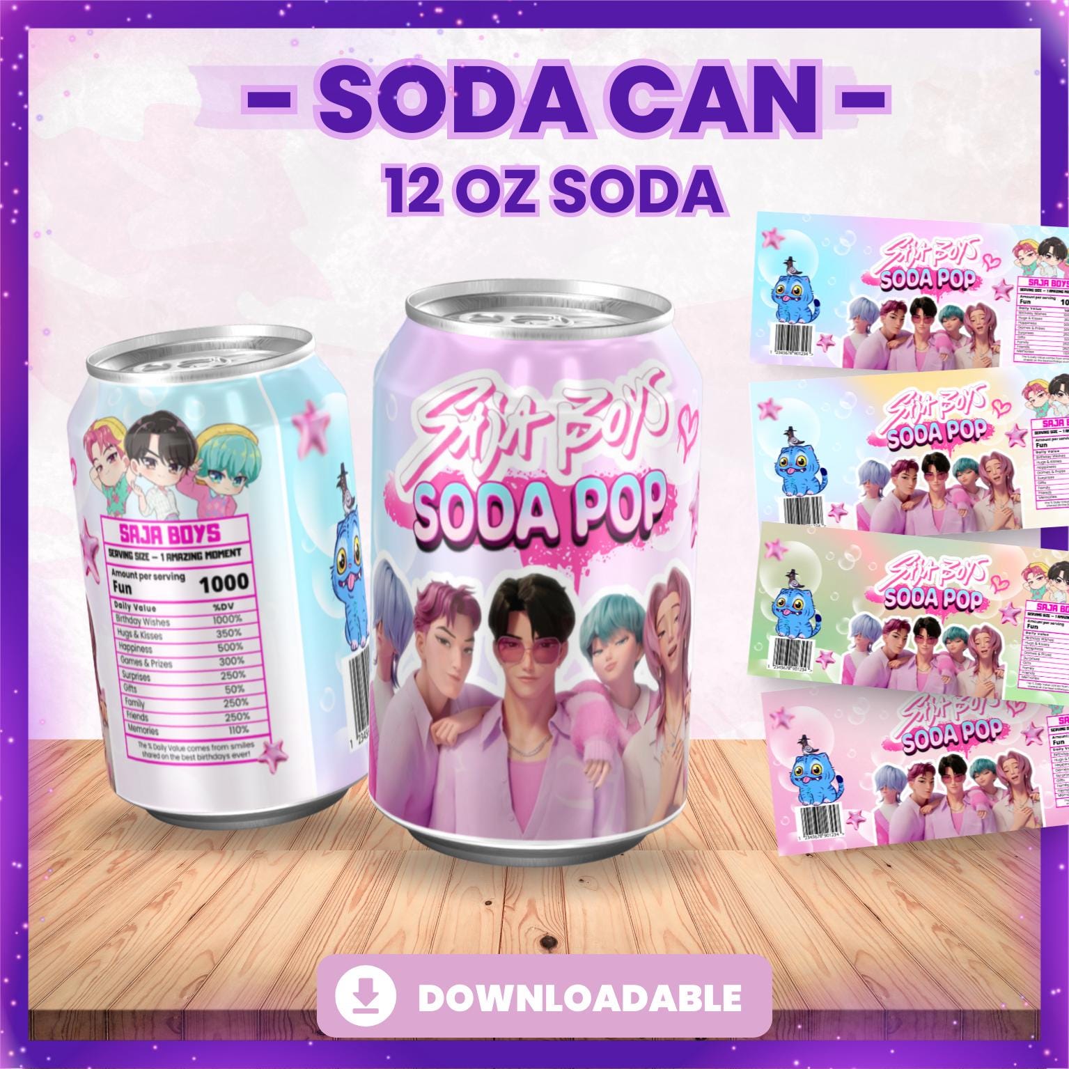 Kpop Demon Hunters Soda Can Labels, Saja Boys Printable Drink