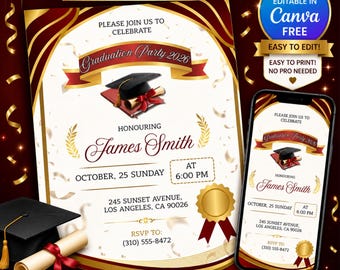 Burgundy Gold Graduation Party Invitation, Class of 2026 Editable Elegant Grad Invite, Printable (Digital Template)