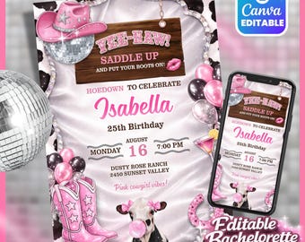 Pink Disco Cowgirl Birthday Invitation, Western Rodeo Party Invite for Women, Nashville Adult Editable Digital Download