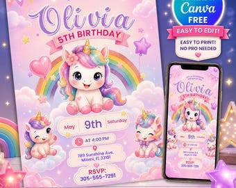 Editable Unicorn Birthday Invitation, Pastel Rainbow Girl Party Invite, Printable Magical Unicorn Digital Download Template
