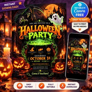 Könnte beinhalten: Ein Halloween-Party-Einladungsflyer mit Sensenmann, Geist und einem brodelnden Kessel. Der Text lautet: You are invited to a Halloween party, Saturday October 31, 08:00-11:30, Hunted House, 456 Shadow Ave, Moonlight City.