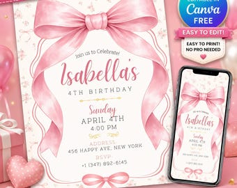 Pink Bow Girls Birthday Invitation, Coquette Ribbon Party Invite, Editable Girl Birthday Printable Digital Download Template
