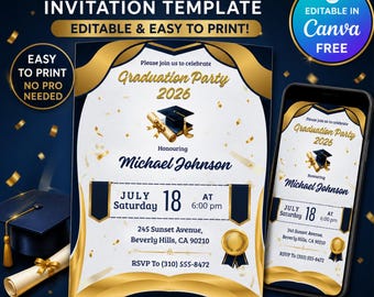 Blue Gold Graduation Party Invitation, Class of 2026 Editable Printable Grad Invite, Digital Download Template