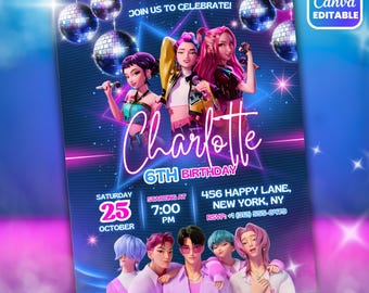 Kpop Demon Hunters Birthday Invitation, Huntrix Saja Boys Anime Party, Editable Canva Template, Demon Slayer Invite, Printable Digital Card