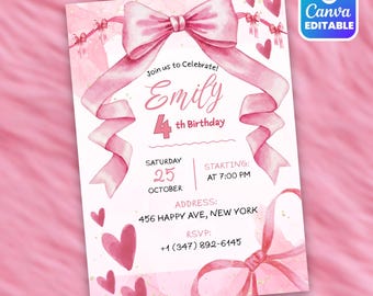 Editable Coquette Pink Bow Birthday Invitation, Cute Girl Birthday Invite, Pink Ribbon Party Template, Canva Editable Digital Download