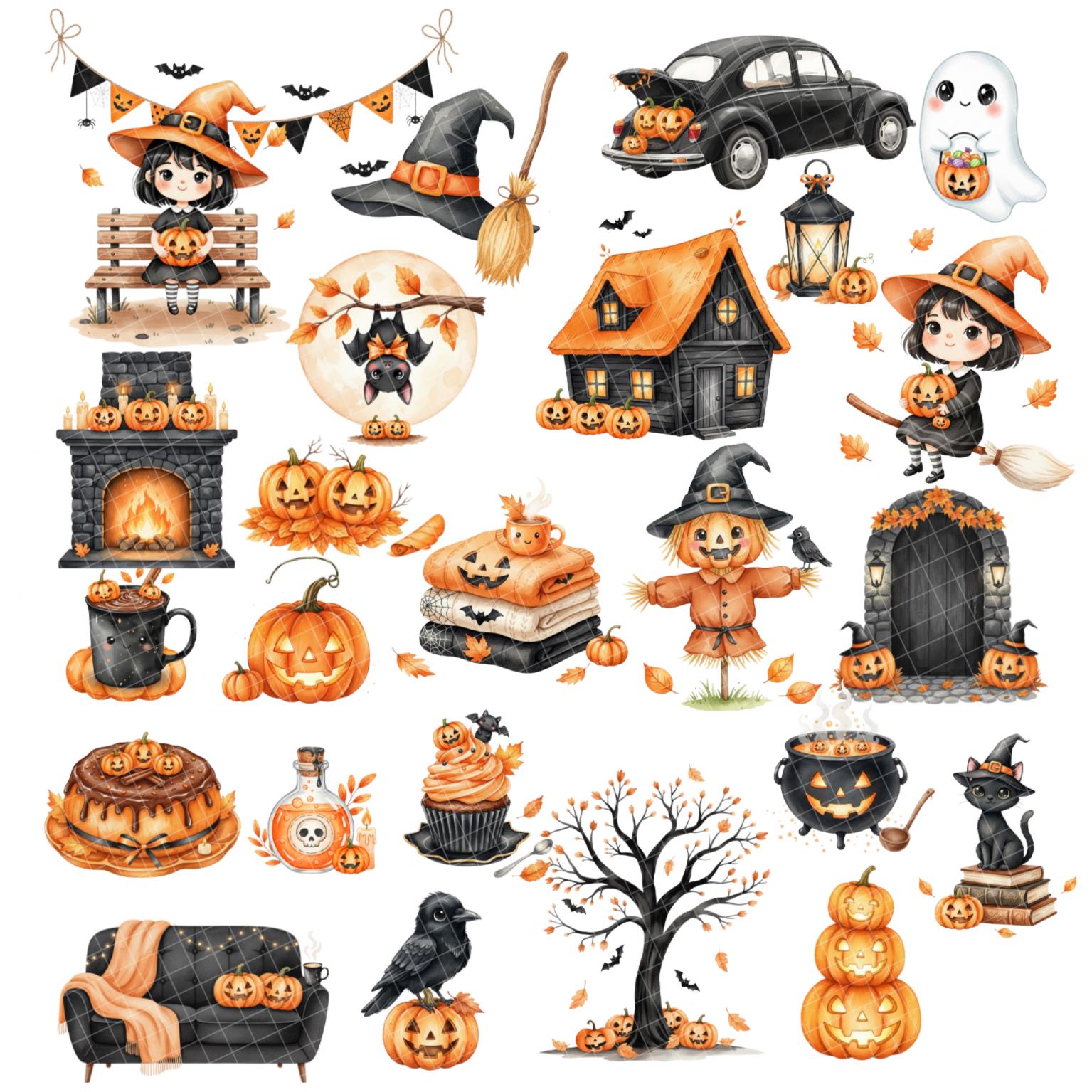 Watercolor Halloween Clipart | Cute Witch, Ghost, Pumpkin PNG Pack - Etsy