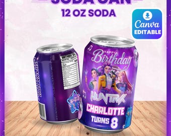 Kpop Demon Hunters Soda Can Labels, Huntrix Soda Pop Wrappers, Printable Kpop Party Decor, Digital Download, Anime Birthday Drink Label