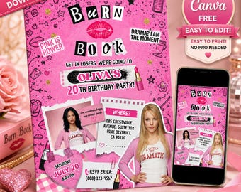 Burn Book Birthday Party Invitation, Mean Girls Inspired Pink Party Invite, Editable Printable Digital Download Template