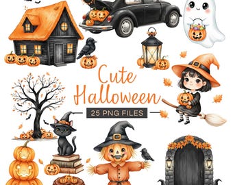 Watercolor Halloween Clipart | Cute Witch, Ghost, Pumpkin PNG Pack