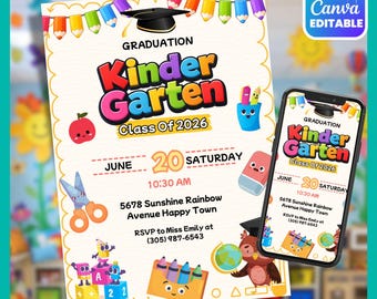 Editable Kindergarten Graduation Invitation, Preschool Announcement Invite, Printable Kindergarten Party Template, Digital Download 2026