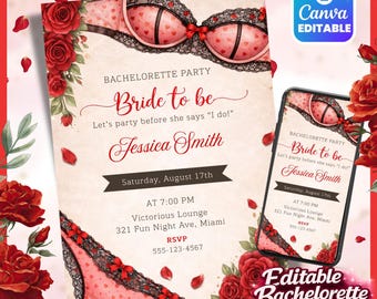 Red Floral Lingerie Bachelorette Party Invitation, Elegant Bride To Be Bridal Shower Invite, Editable Digital Hen Party Download