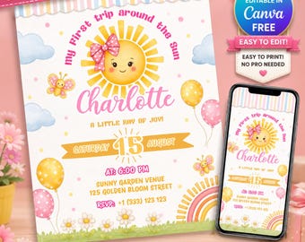 First Trip Around the Sun Birthday Invitation, Little Sunshine Girl Turning One Invite, Editable Printable Digital Template