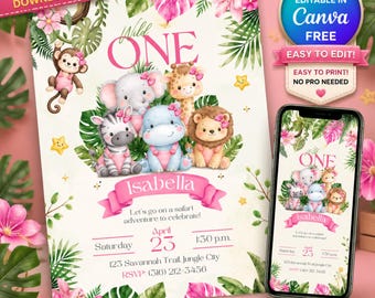 Safari Girl 1st Birthday Invitation, Wild One Jungle Animals Party Invite, Editable Digital Printable Template (Digital Download)