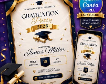Graduation Party Invitation Blue and Gold, Class of 2026 Editable Grad Party Invite, Printable Digital (Download Template)