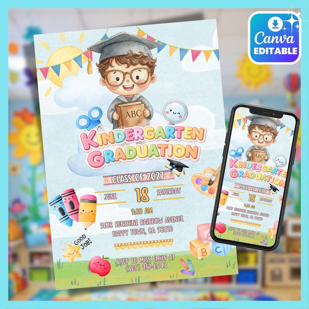 Kinder Invit Kindergarten Graduation Invitation, Editable Kindergarten Party Invite ...