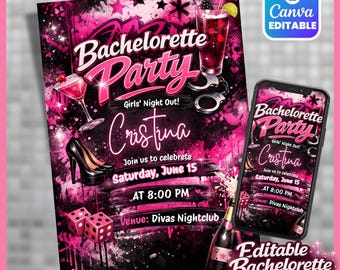 Editable Bachelorette Party Invitation, Pink and Black Graffiti Hen Party Invite, Digital Bridal Squad Night Printable Download