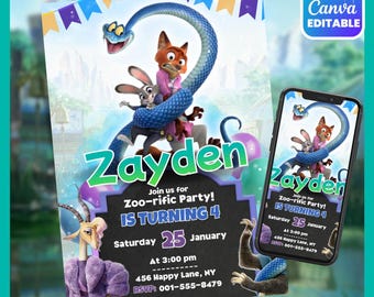 Zootopia Birthday Invitation, Animal City Party Invite, Editable Kids Birthday Card, Digital Canva Template, Printable Animal Theme Invite