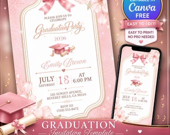 Rose Gold Graduation Party Invitation, Floral Class of 2026 Editable Grad Invite, Girl Promotion Printable Digital Template