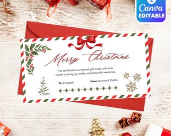 Editable Christmas Gift Certificate, Printable Holiday Gift Card, Canva Template, Customizable Christmas Certificate, Digital Download