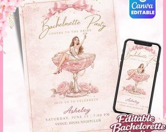 Coquette Bachelorette Party Invitation, Elegant Pink Bow Hen Party Invite, Editable Digital Bridal Shower Download Template