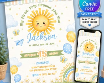 First Trip Around the Sun Birthday Invitation, Little Sunshine Boy Turning One Blue Editable Digital Download Template