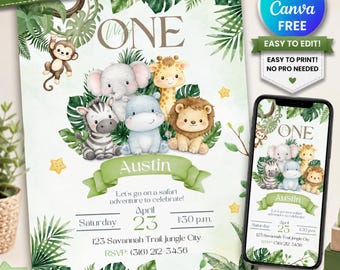 Safari Boy 1st Birthday Invitation, Wild One Jungle Animals Party Invite, Editable Digital Printable Template (Digital Download)