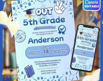 Editable 5th Grade Graduation Invitation, Fifth Grade Promotion Party Invite, Class of 2026 Printable End of Year Digital Download
