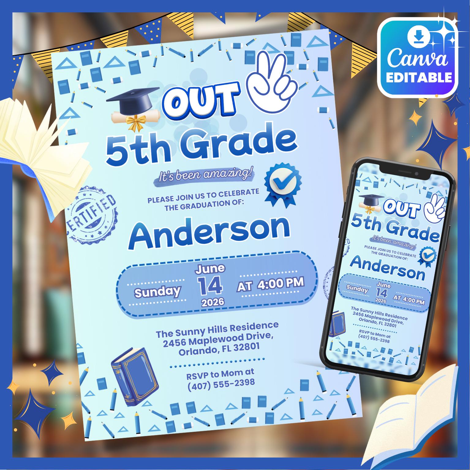 Grade R Invitation Card Editable 5th Grade Graduation Invitation, Fifth Grade Promotion Party ...