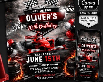 Formula 1 Racing Birthday Invitation, F1 Boy Race Car Party Invite, Editable Digital Printable Template (Instant Download)