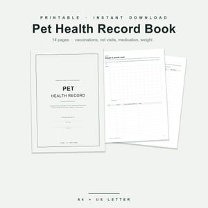 Peut inclure: Un carnet de santé pour animaux imprimable de 14 pages pour suivre les vaccins, les visites vétérinaires, les médicaments et le poids. Le document comprend une page de couverture et un tableau de croissance. Disponible en A4 et US Letter.