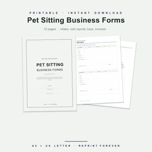 Peut inclure: Un ensemble de formulaires d'entreprise de garde d'animaux imprimables comprenant 12 pages avec des rapports de visite, des clés et des factures. La couverture affiche le texte Pet Sitting Business Forms pour les gardiens et promeneurs.