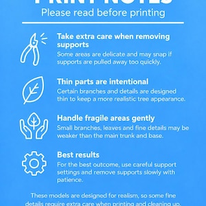 May include: A blue informational sign titled IMPORTANT PRINT NOTES with white text and icons. It provides instructions for 3D printing, advising to remove supports carefully, noting thin parts are intentional, and suggesting gentle handling of fragile areas.