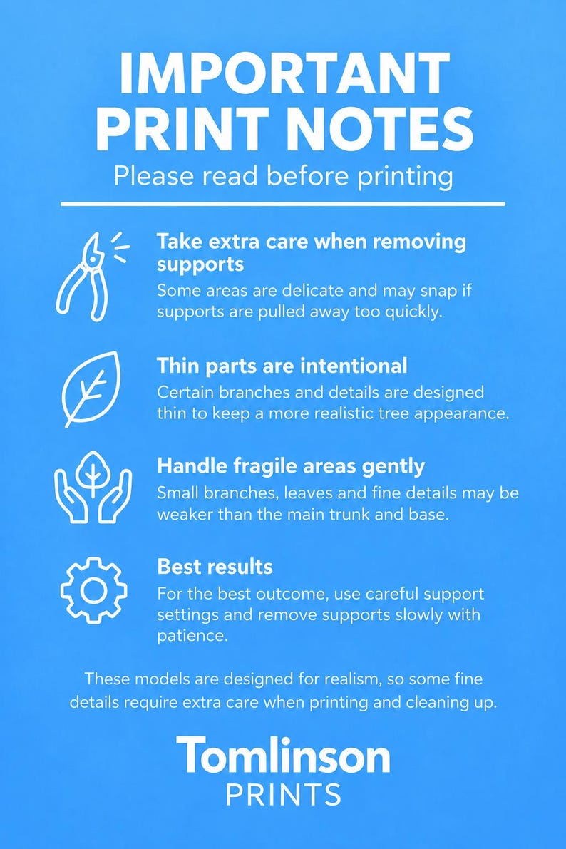 May include: A blue informational sign titled IMPORTANT PRINT NOTES with white text and icons. It provides instructions for 3D printing, advising to remove supports carefully, noting thin parts are intentional, and suggesting gentle handling of fragile areas.