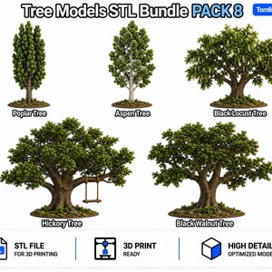 Może przedstawiać: Cyfrowa kolekcja zatytułowana Tree Models STL Bundle PACK 8 od TomlinsonPrints zawierająca pięć różnych modeli drzew 3D: topolę, osikę, robinię akacjową, orzesznik z huśtawką oraz orzech czarny, zaprojektowane do druku 3D.