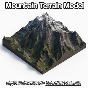 May include: A 3D model of a mountain terrain, with the text "Mountain Terrain Model" at the top. The model features detailed textures of rock, grass, and snow. The bottom of the image reads "Digital Download - 3D Print STL File".