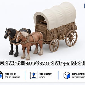 May include: A 3D printed model of an Old West horse-drawn covered wagon with two horses, one black and one brown, pulling a wooden wagon with a white canvas top. The text TomlinsonPrints, Old West Horse Covered Wagon Model, STL FILE, 3D PRINT, and HIGH DETAIL OPTIMIZED MODEL are visible.