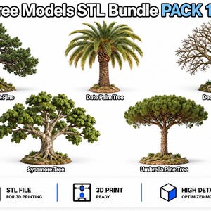Puede incluir: Tree Models STL Bundle PACK 11 de TomlinsonPrints que incluye cinco modelos de árboles imprimibles en 3D: un pino negro japonés, una palmera datilera, un roble muerto, un sicomoro y un pino piñonero, presentados como archivos digitales.