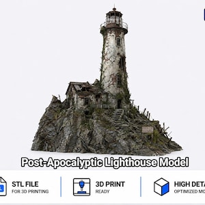 May include: A 3D model of a weathered, dilapidated lighthouse and an attached small building situated on a rocky outcrop. The structure features crumbling stone, overgrown vines, and a rusted lantern room. Text reads TomlinsonPrints and Post-Apocalyptic Lighthouse Model.