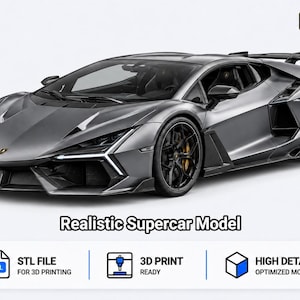 May include: A gray supercar model with a low-profile aerodynamic body, sharp angular headlights, black multi-spoke wheels, and a rear spoiler. The image includes the text TomlinsonPrints, Realistic Supercar Model, STL FILE, 3D PRINT, and HIGH DETAIL.