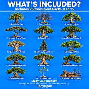 May include: A digital catalog titled WHAT'S INCLUDED? featuring 25 distinct tree illustrations labeled 1 through 25, including Japanese Black Pine, Date Palm, Sycamore, Umbrella Pine, Mango, Acacia, Kauri, Jungle, Douglas Fir, Bamboo, Quiver, Spruce, Frangipani, Bottle, Cactus, Ironwood, Kapok, Woodland, Maple, Saguaro, Rosewood, Tall Sparse, Fallen Tree, and Weathered Dead trees on a blue background.
