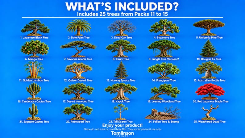 May include: A digital catalog titled WHAT'S INCLUDED? featuring 25 distinct tree illustrations labeled 1 through 25, including Japanese Black Pine, Date Palm, Sycamore, Umbrella Pine, Mango, Acacia, Kauri, Jungle, Douglas Fir, Bamboo, Quiver, Spruce, Frangipani, Bottle, Cactus, Ironwood, Kapok, Woodland, Maple, Saguaro, Rosewood, Tall Sparse, Fallen Tree, and Weathered Dead trees on a blue background.