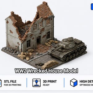 Può includere: Un diorama stampato in 3D raffigurante una casa in rovina a due piani con mattoni a vista e detriti, accompagnato da un carro armato militare grigio e sacchi di sabbia su una base in ciottoli. Il testo recita TomlinsonPrints, WW2 Wrecked House Model, STL FILE, 3D PRINT READY, HIGH DETAIL OPTIMIZED MODEL.