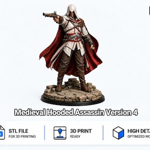 May include: A figurine of a hooded assassin wearing a white tunic, brown trousers, and a red cape, holding a flintlock pistol. The figure stands on a circular stone-textured base. Text includes TomlinSTL and Medieval Hooded Assassin Version 4.
