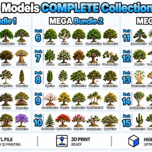 Könnte beinhalten: Ein digitaler Katalog mit dem Titel 75 Tree Models COMPLETE Collection von TomlinsonPrints, der 15 Pakete mit 3D-Baumillustrationen zeigt. Jedes Paket enthält fünf verschiedene Baumarten, darunter Eichen, Kiefern und Palmen, als STL-Dateien für den 3D-Druck.