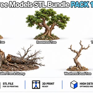 Może przedstawiać: Cyfrowa kolekcja zatytułowana Tree Models STL Bundle PACK 15 od TomlinsonPrints zawierająca pięć modeli do druku 3D: zielony kaktus Saguaro, drzewo różane, wysokie rzadkie drzewo, powalone drzewo z pniem oraz uschnięte martwe drzewo.