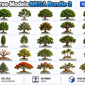 May include: A digital catalogue titled STL Tree Models MEGA Bundle 2 by TomlinsonPrints, displaying twenty-five distinct tree illustrations organised into five packs. Each tree is labelled with its species name, including beech, ash, elm, and oak.