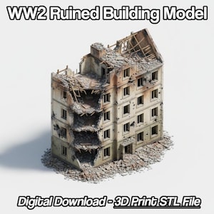 Puede incluir: Modelo detallado de un edificio en ruinas, que muestra la devastación de la guerra. La estructura de varios pisos presenta daños visibles, incluyendo paredes derrumbadas y vigas expuestas. El texto "WW2 Ruined Building Model" y "Digital Download - 3D Print STL File" están presentes.