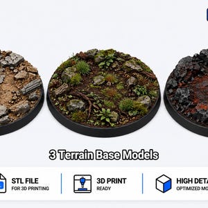 May include: Three circular terrain base models for miniatures, featuring distinct textures: a cracked desert landscape with rubble, a lush forest floor with moss and rocks, and a volcanic surface with dark jagged stones and glowing orange lava cracks.