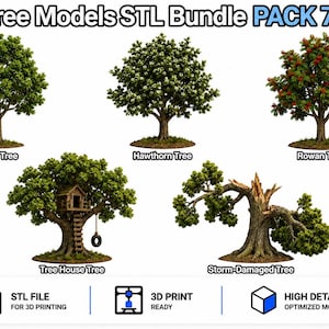 May include: A digital collection titled Tree Models STL Bundle PACK 7 by TomlinsonPrints featuring five 3D tree models: an Alder Tree, a Hawthorn Tree, a Rowan Tree with red berries, a Tree House Tree with a ladder and tyre swing, and a Storm-Damaged Tree.